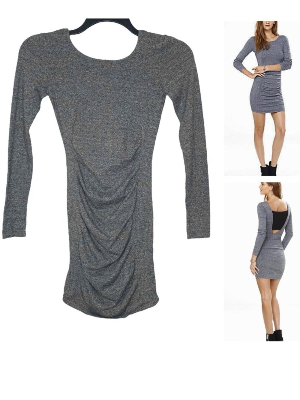 Express Womens Dress Size XS Bodycon Ruched Long Sleeve Marled Gray Stretch